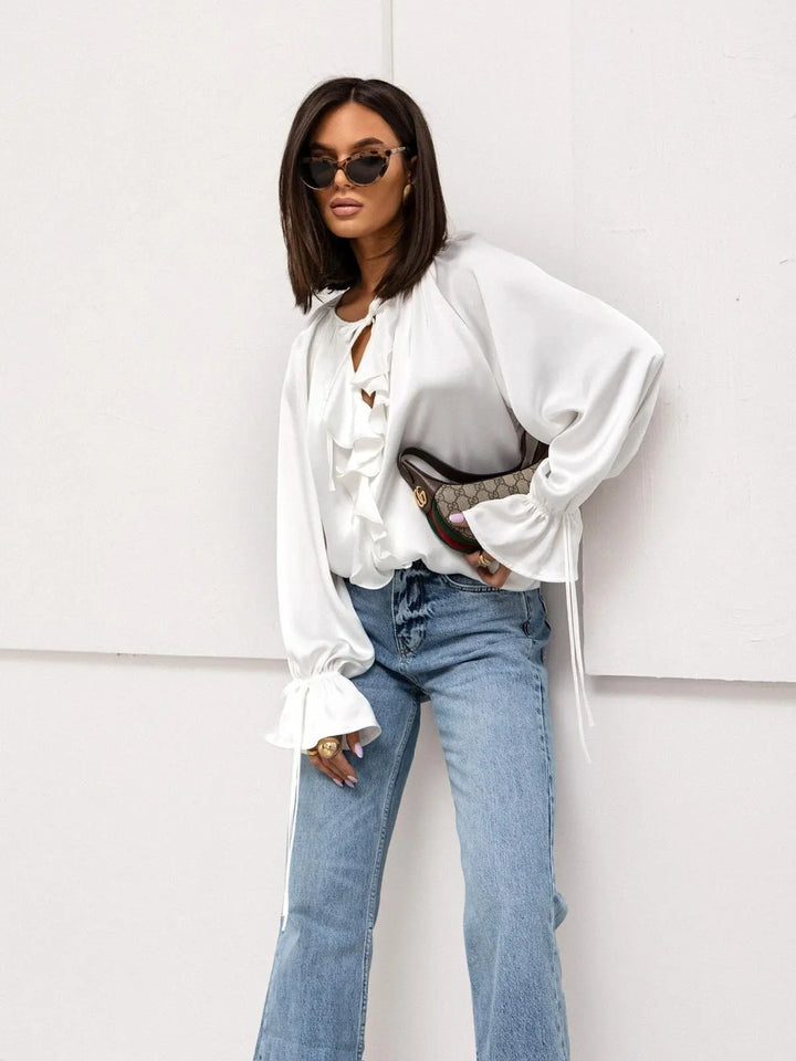 Serelina Satin Ruffle Tie Blouse