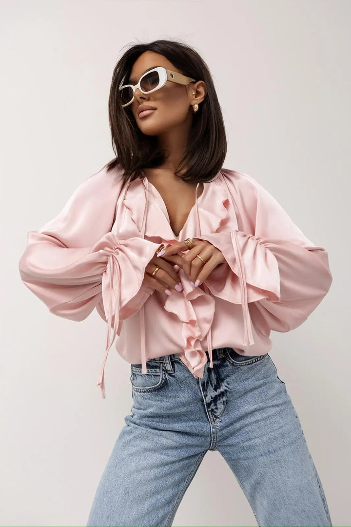 Serelina Satin Ruffle Tie Blouse