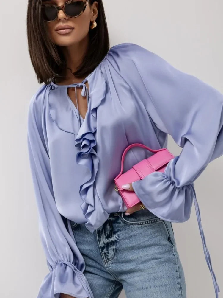 Serelina Satin Ruffle Tie Blouse