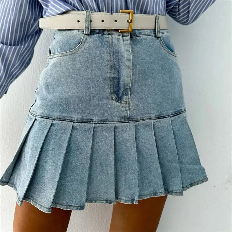 Virelise Pleated Cotton Denim Skirt