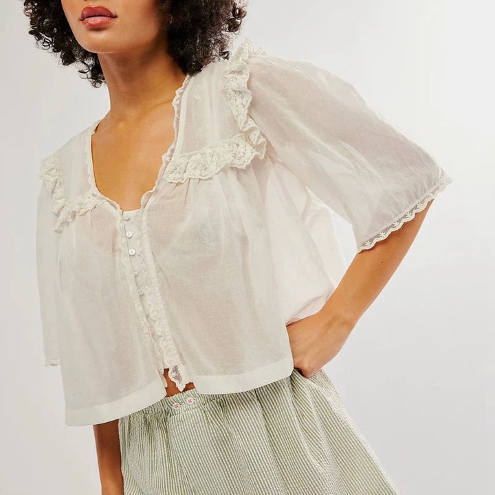 Elowira Lace Trim Ruffle Blouse