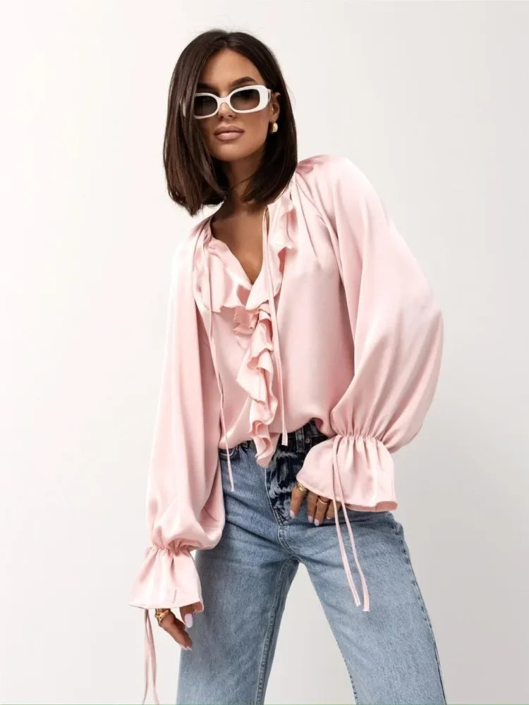 Serelina Satin Ruffle Tie Blouse