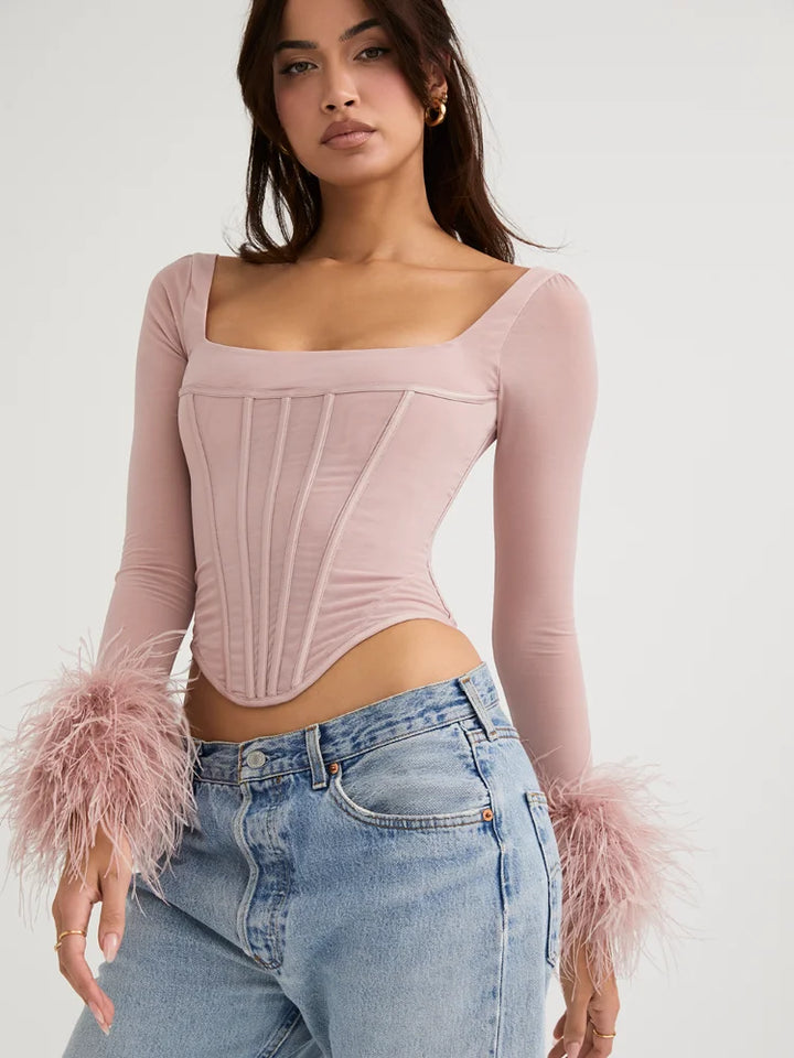 Virella Square Neck Feather Trim Top