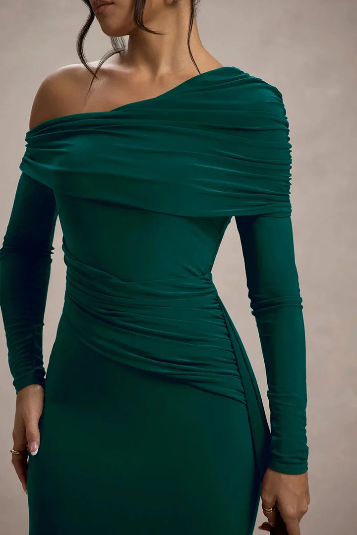 Evangeline Off-Shoulder Ruched Evening Gown
