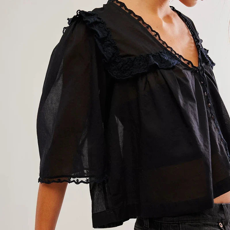 Elowira Lace Trim Ruffle Blouse