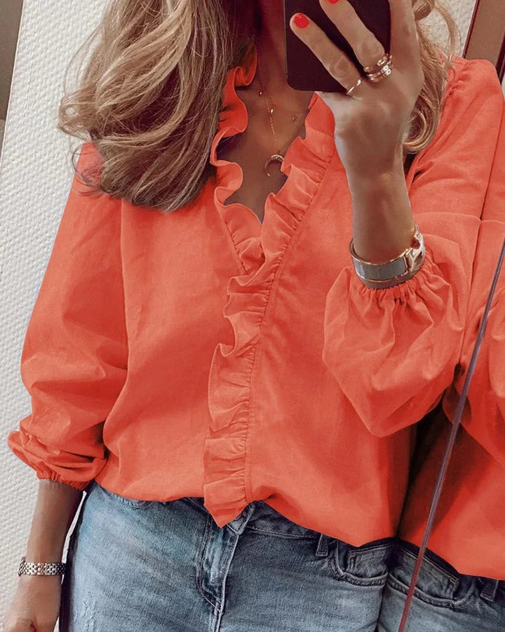 Elowette Ruffle Trim Balloon Sleeve Blouse