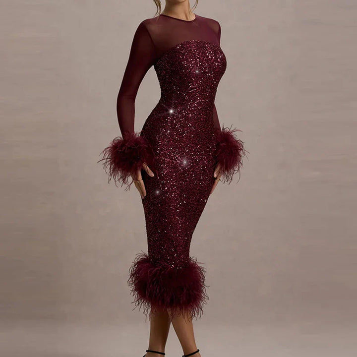 Celeste Sequin Feather Trim Maxi Dress