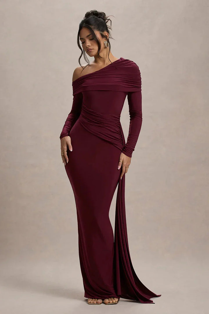 Evangeline Off-Shoulder Ruched Evening Gown