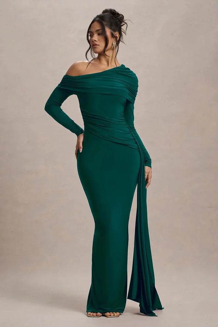 Evangeline Off-Shoulder Ruched Evening Gown