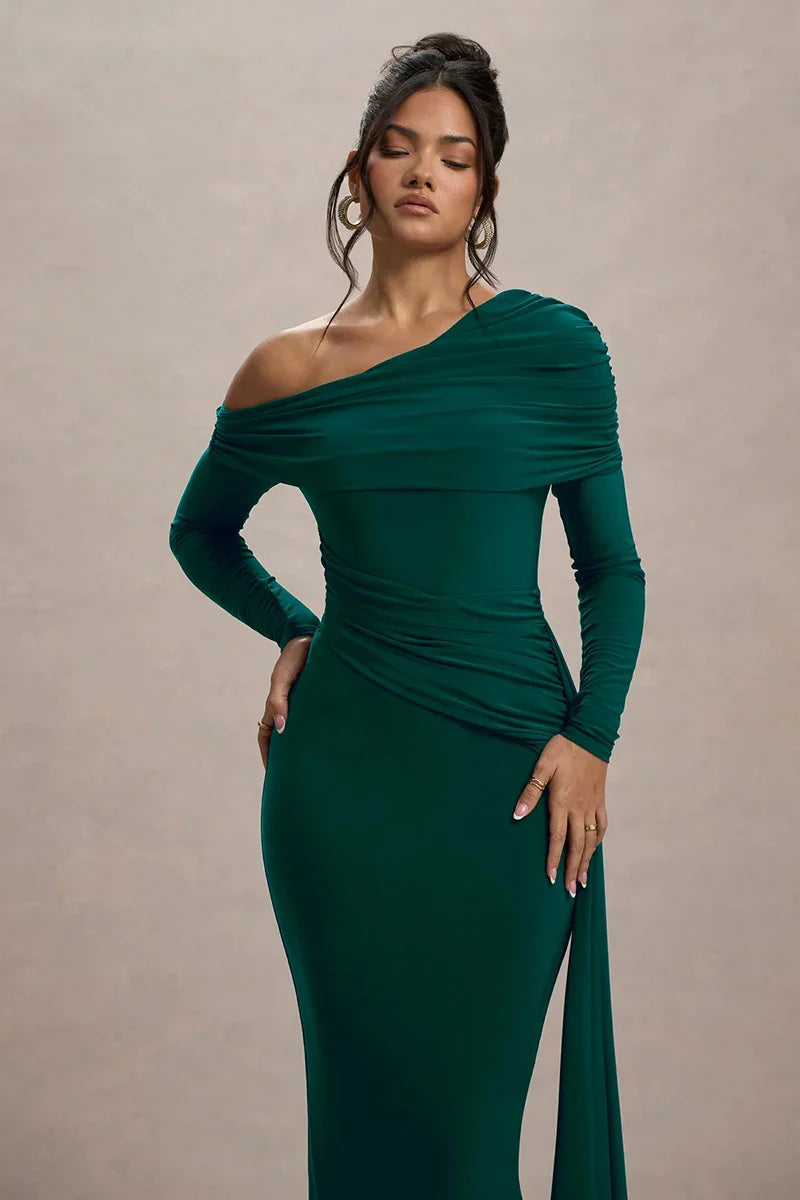 Evangeline Off-Shoulder Ruched Evening Gown