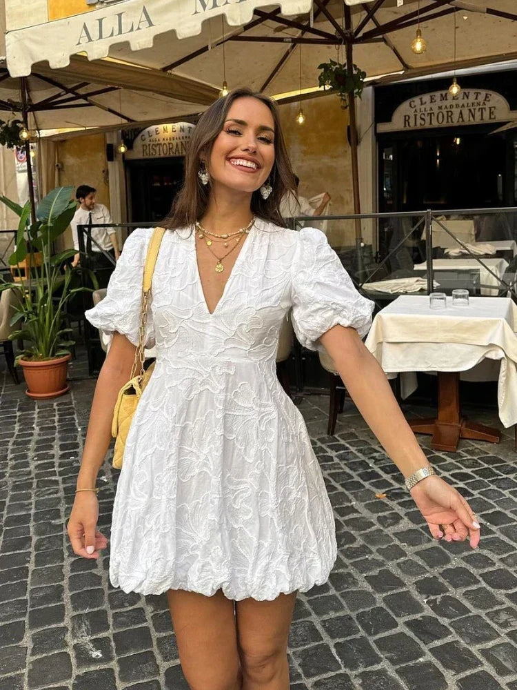 Romantic White Floral Puff Sleeve Summer Dress