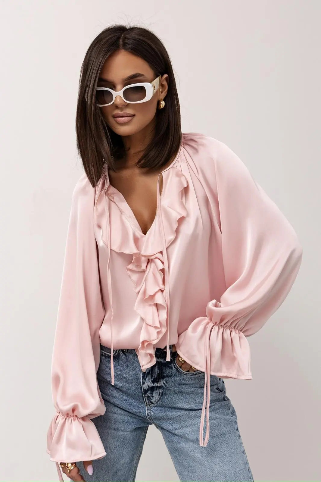 Serelina Satin Ruffle Tie Blouse