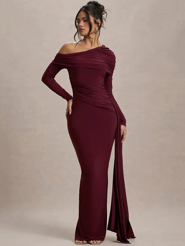 Evangeline Off-Shoulder Ruched Evening Gown