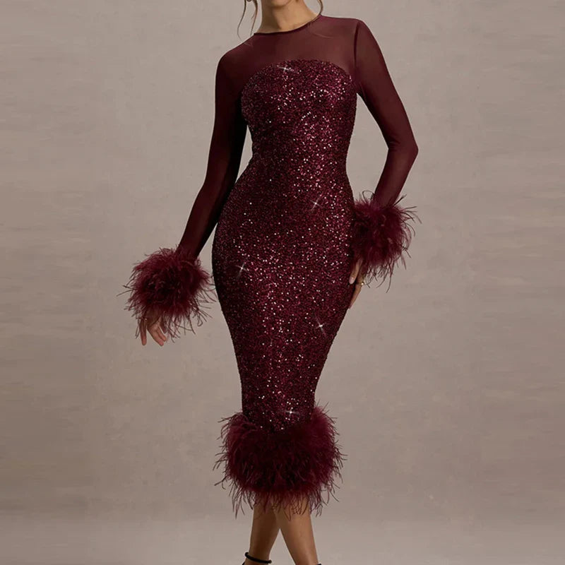 Celeste Sequin Feather Trim Maxi Dress