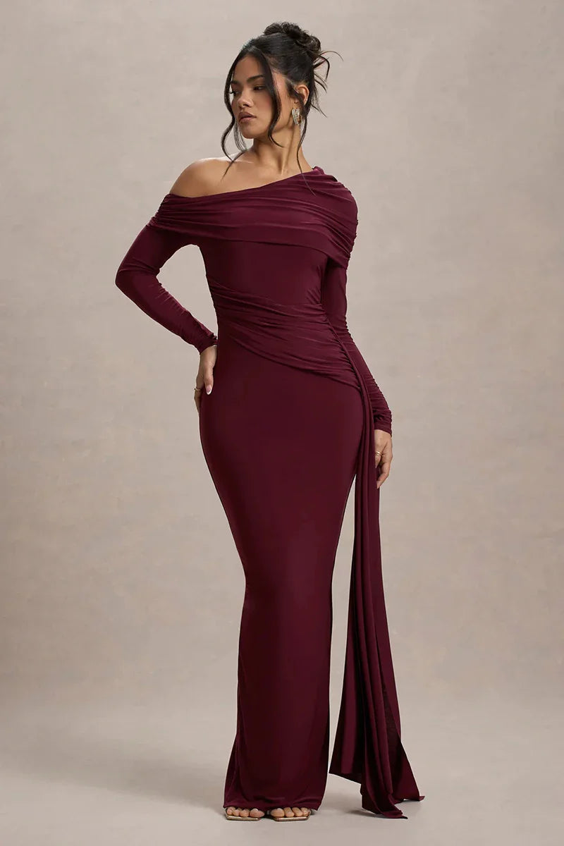 Evangeline Off-Shoulder Ruched Evening Gown