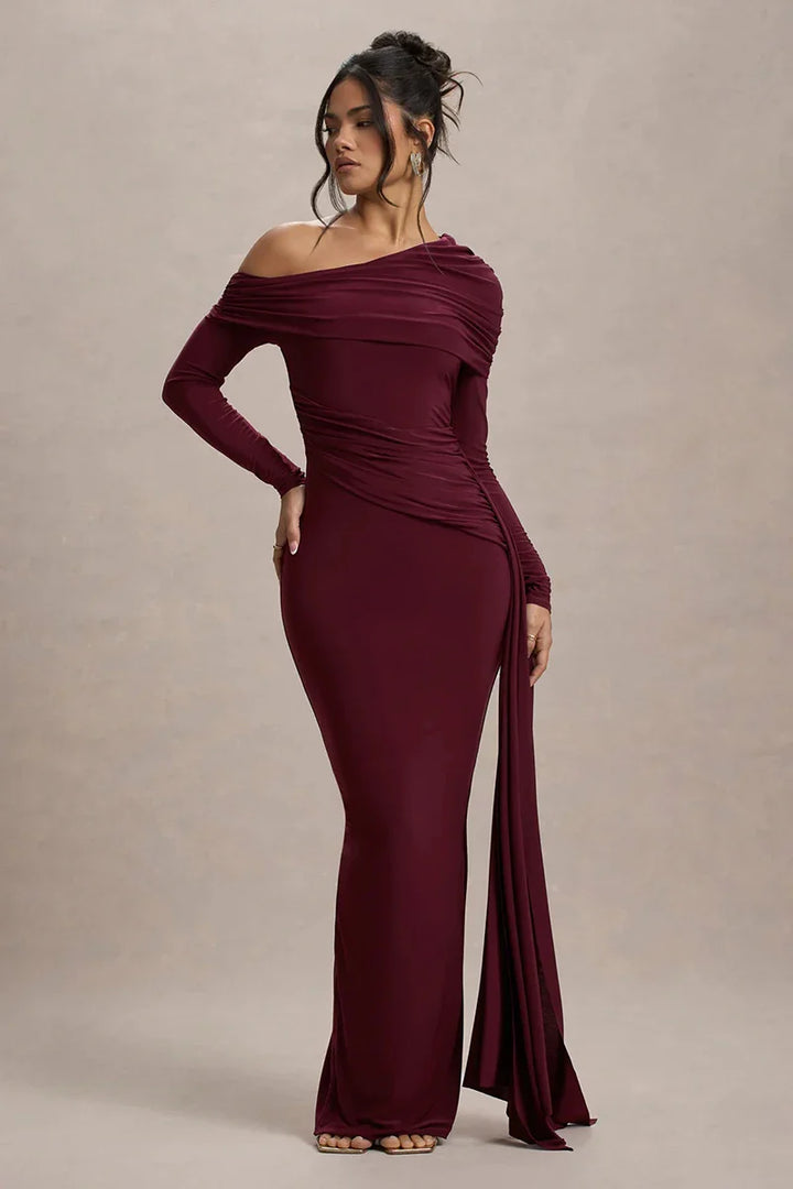 Evangeline Off-Shoulder Ruched Evening Gown