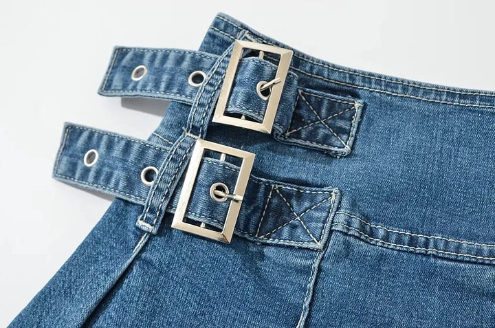 Violetta Buckle Detail Pleated Denim Mini Skirt