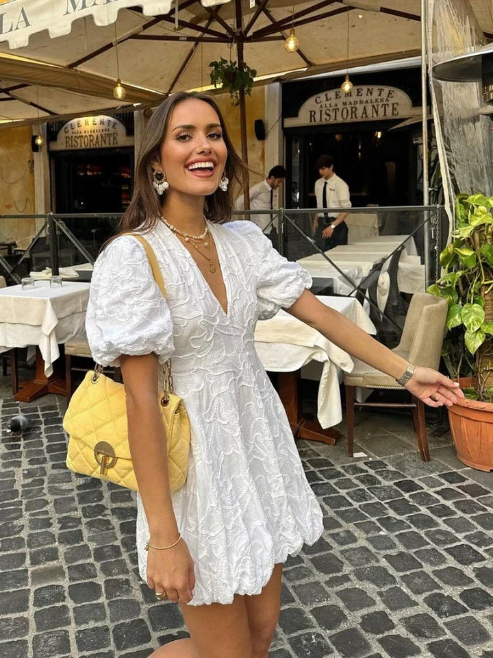 Romantic White Floral Puff Sleeve Summer Dress