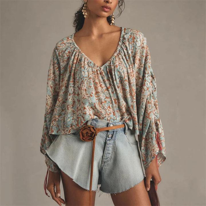 Solenne Boho Floral V Neck Blouse