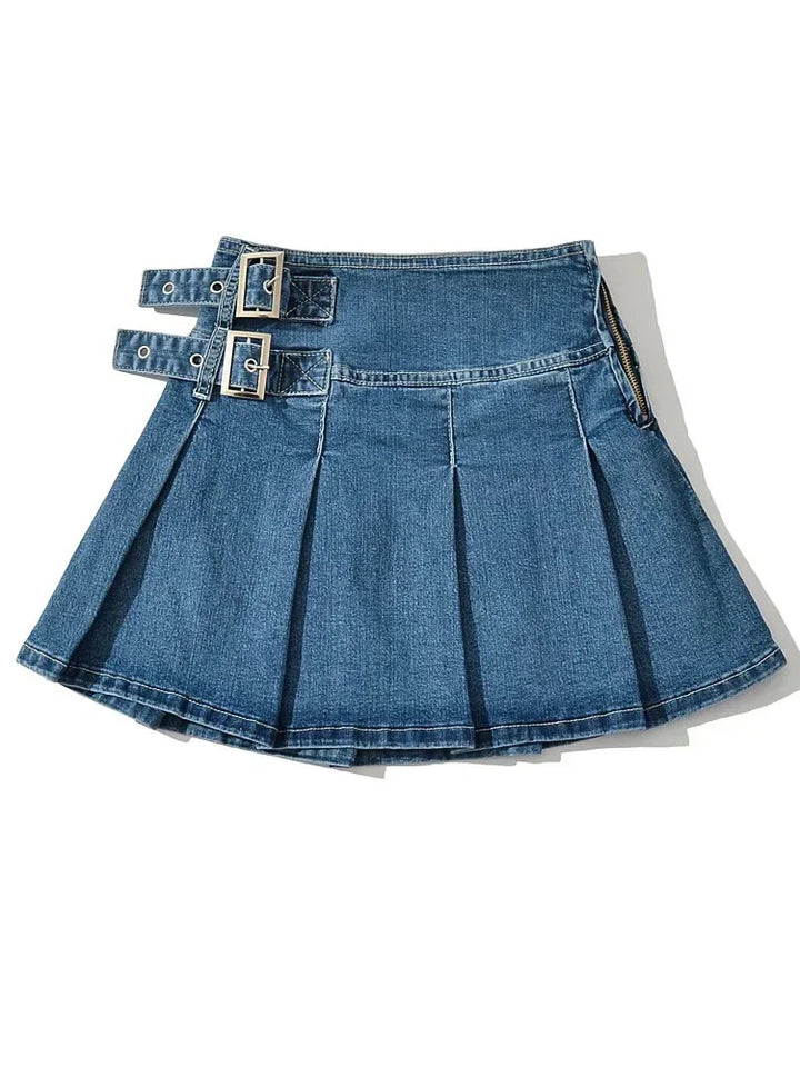 Violetta Buckle Detail Pleated Denim Mini Skirt