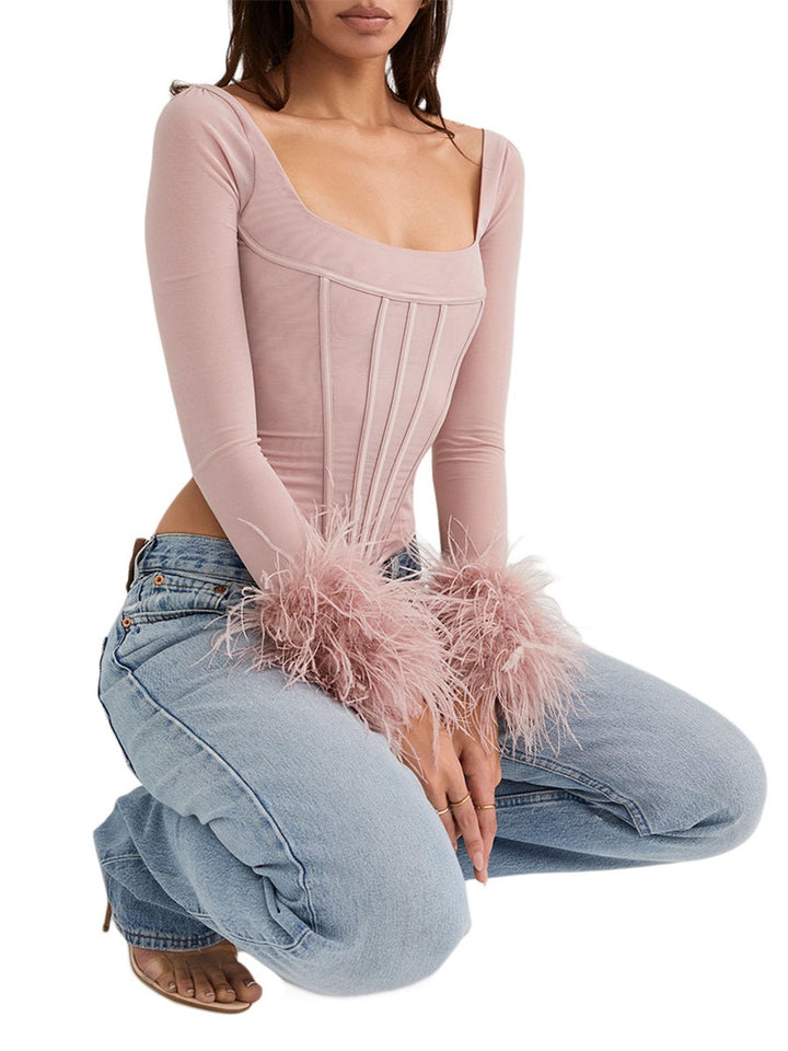 Virella Square Neck Feather Trim Top