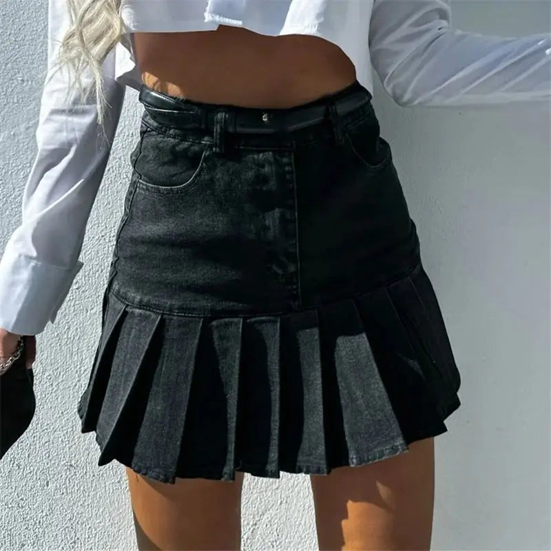 Virelise Pleated Cotton Denim Skirt