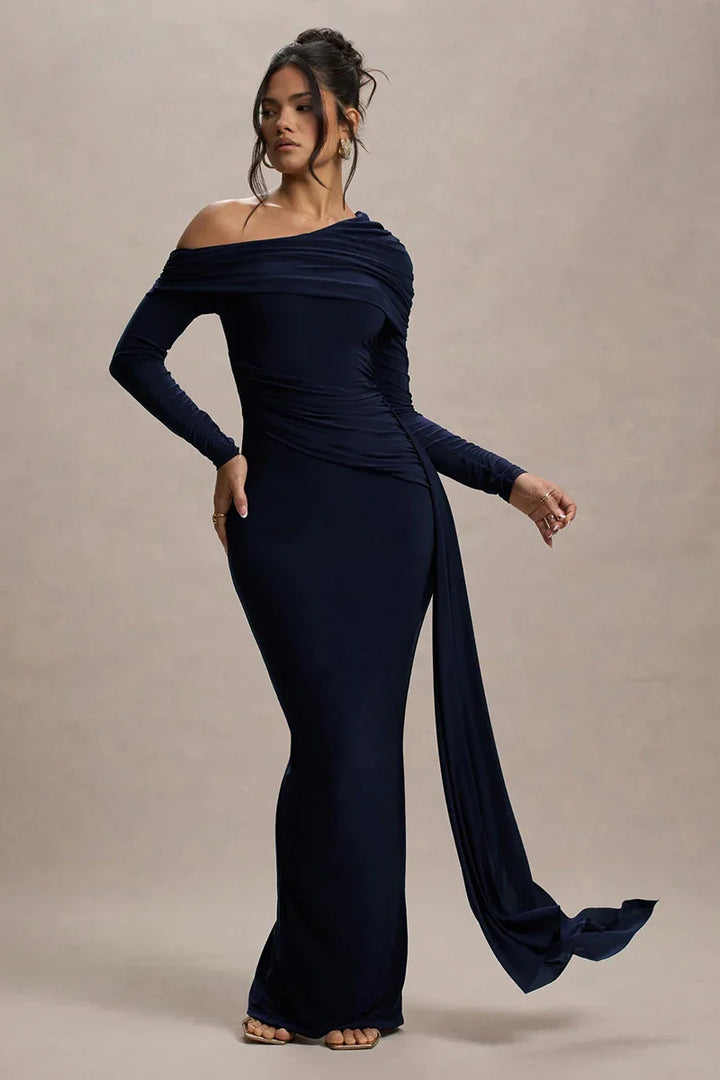 Evangeline Off-Shoulder Ruched Evening Gown