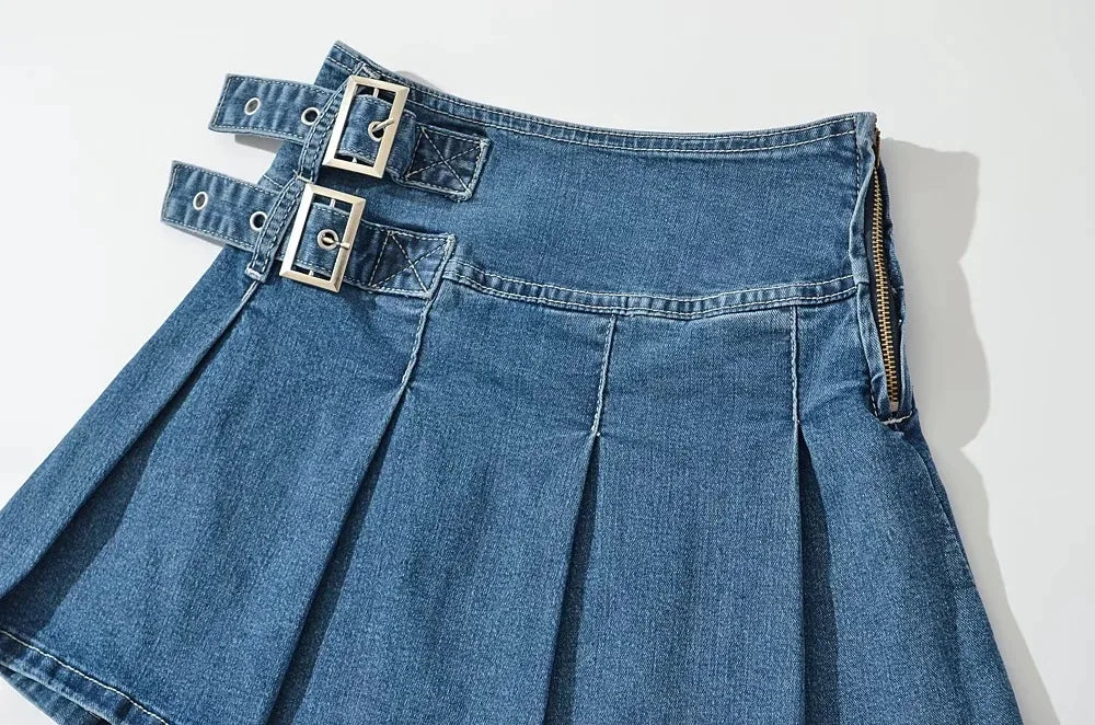 Violetta Buckle Detail Pleated Denim Mini Skirt
