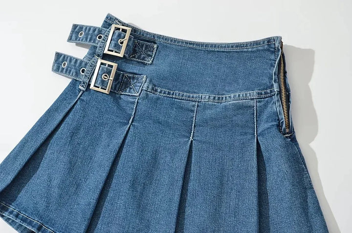 Violetta Buckle Detail Pleated Denim Mini Skirt