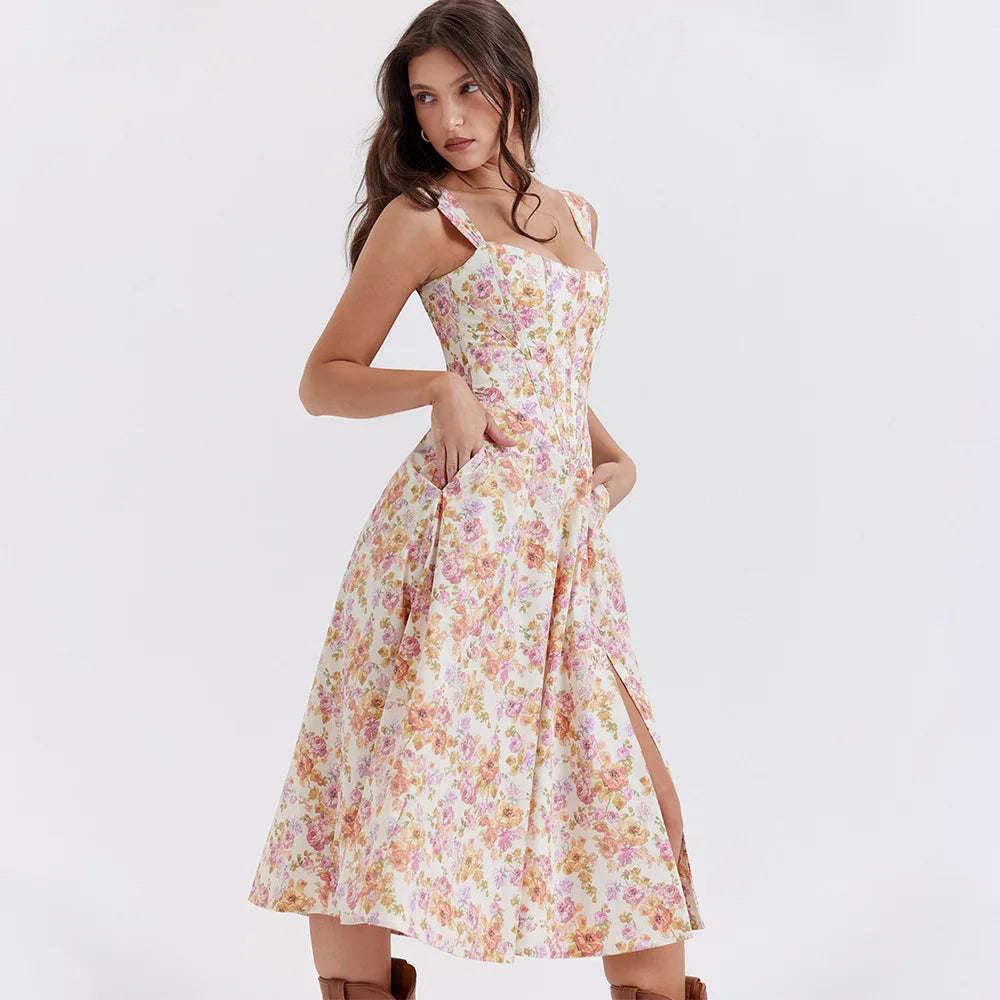 Meadow Muse Floral Corset Midi Dress