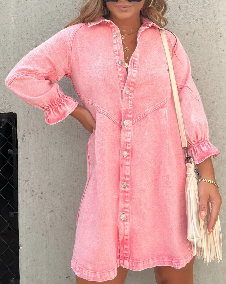 Button-Down Denim Dress with Ruffle Sleeves