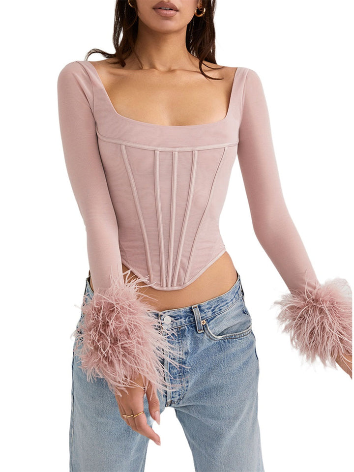 Virella Square Neck Feather Trim Top