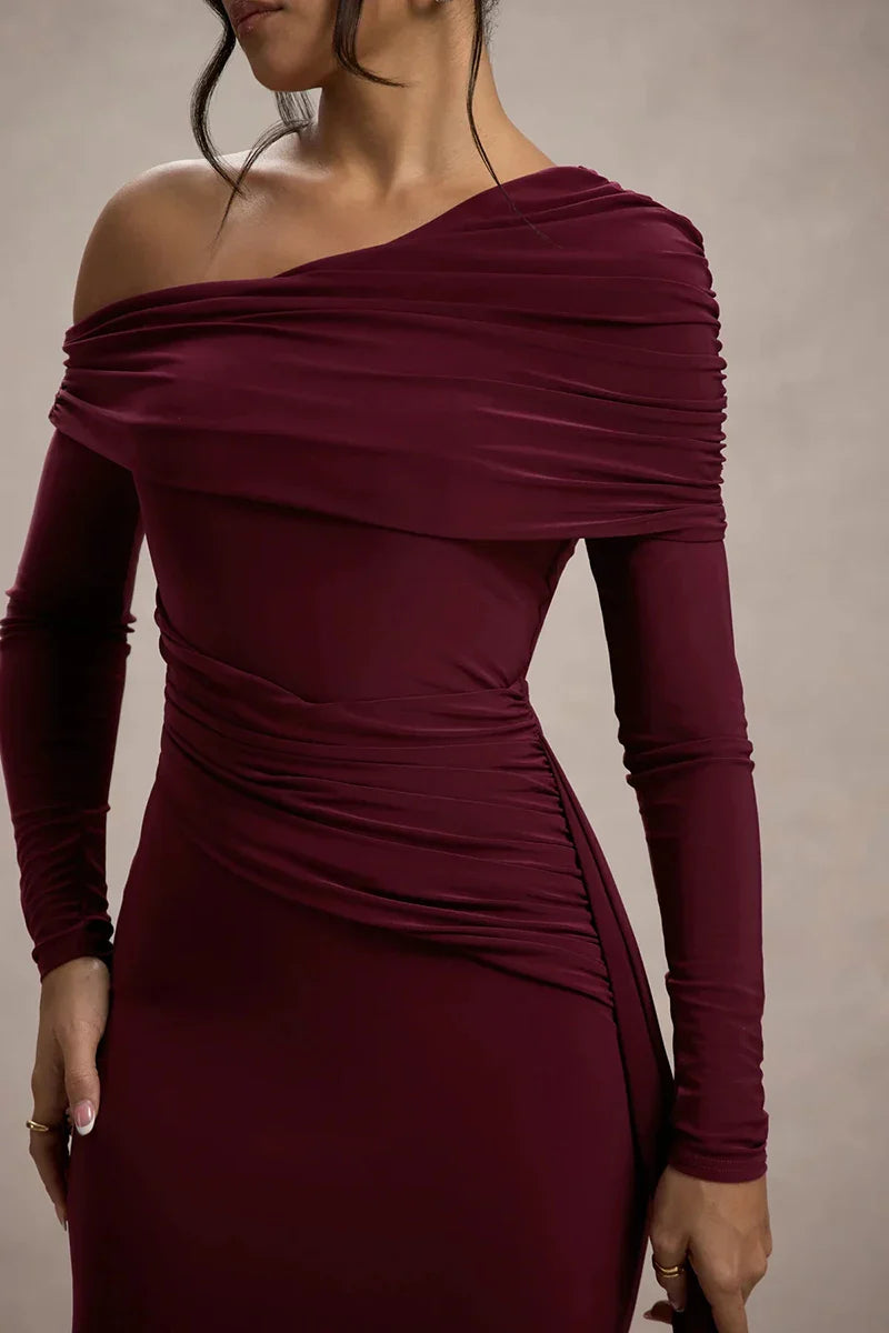 Evangeline Off-Shoulder Ruched Evening Gown