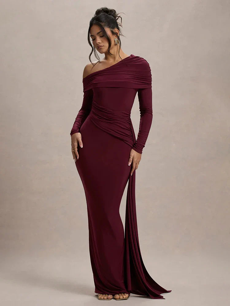 Evangeline Off-Shoulder Ruched Evening Gown