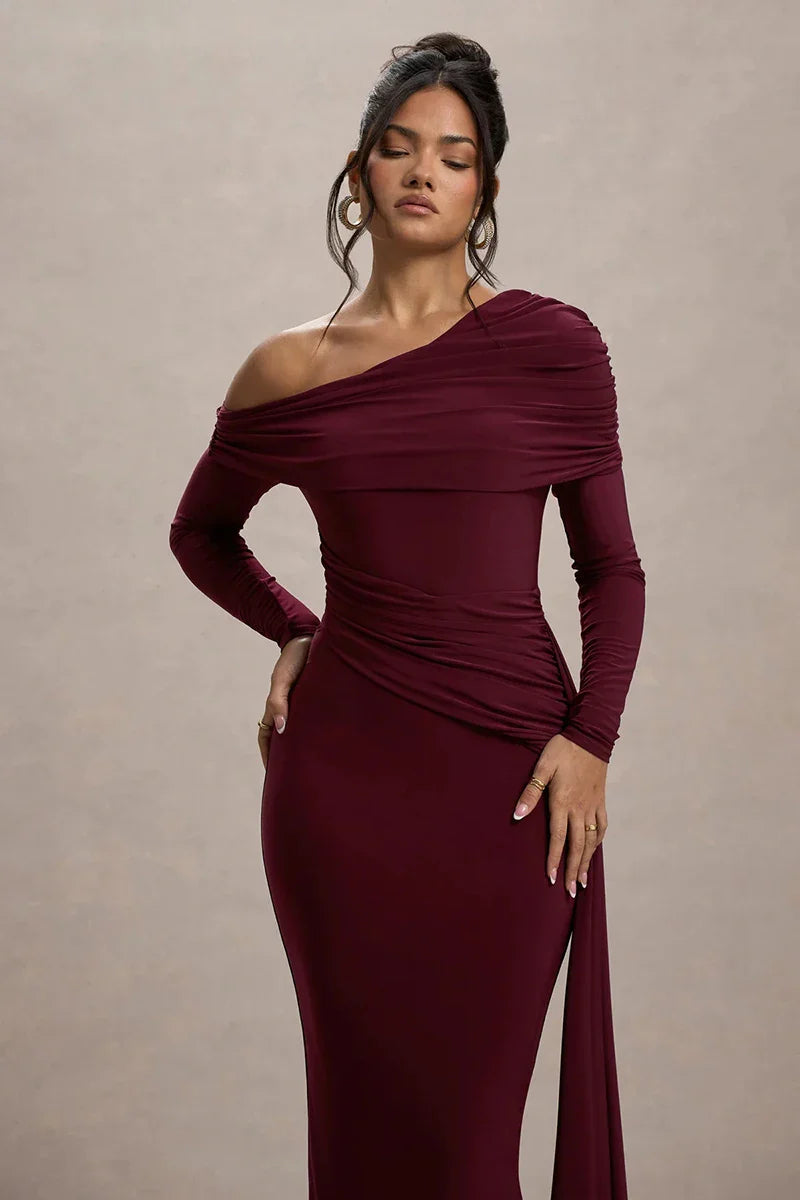 Evangeline Off-Shoulder Ruched Evening Gown
