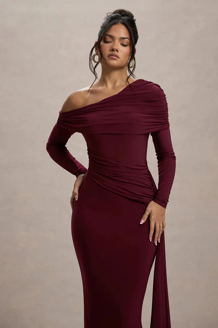 Evangeline Off-Shoulder Ruched Evening Gown