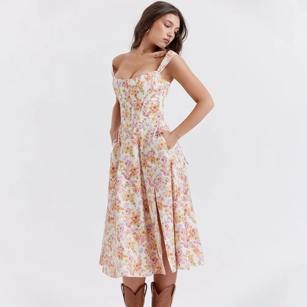Meadow Muse Floral Corset Midi Dress