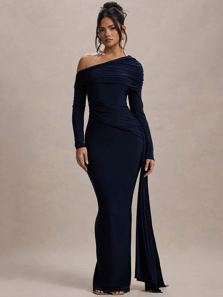 Evangeline Off-Shoulder Ruched Evening Gown