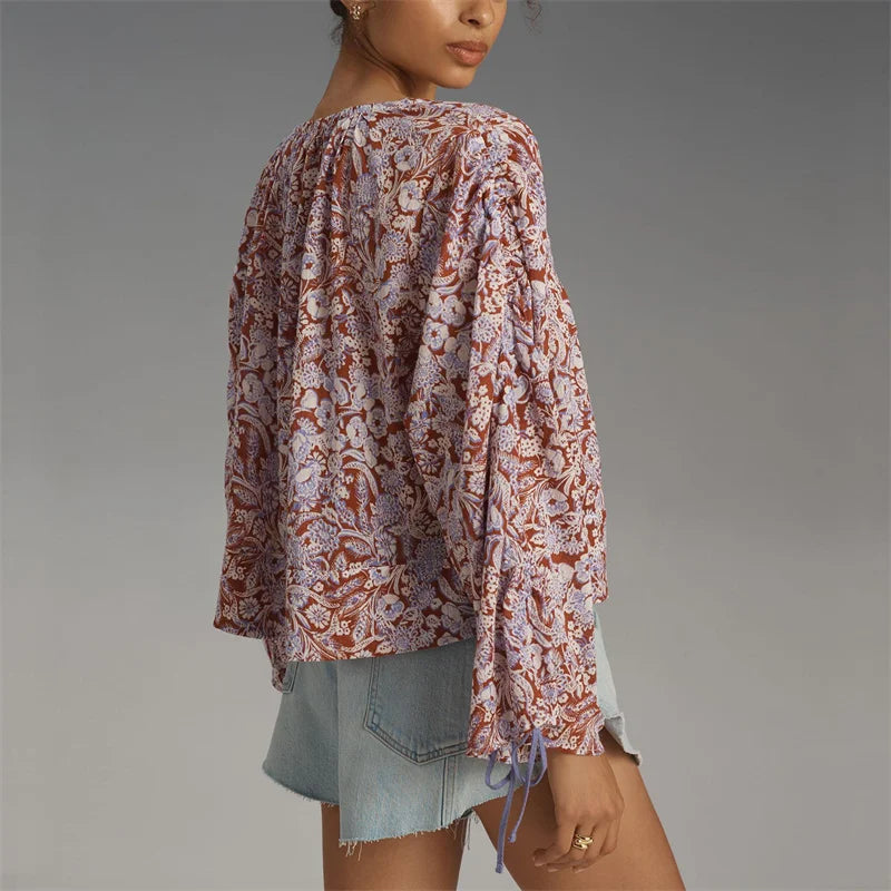 Solenne Boho Floral V Neck Blouse