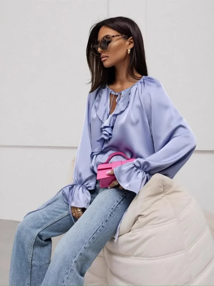 Serelina Satin Ruffle Tie Blouse