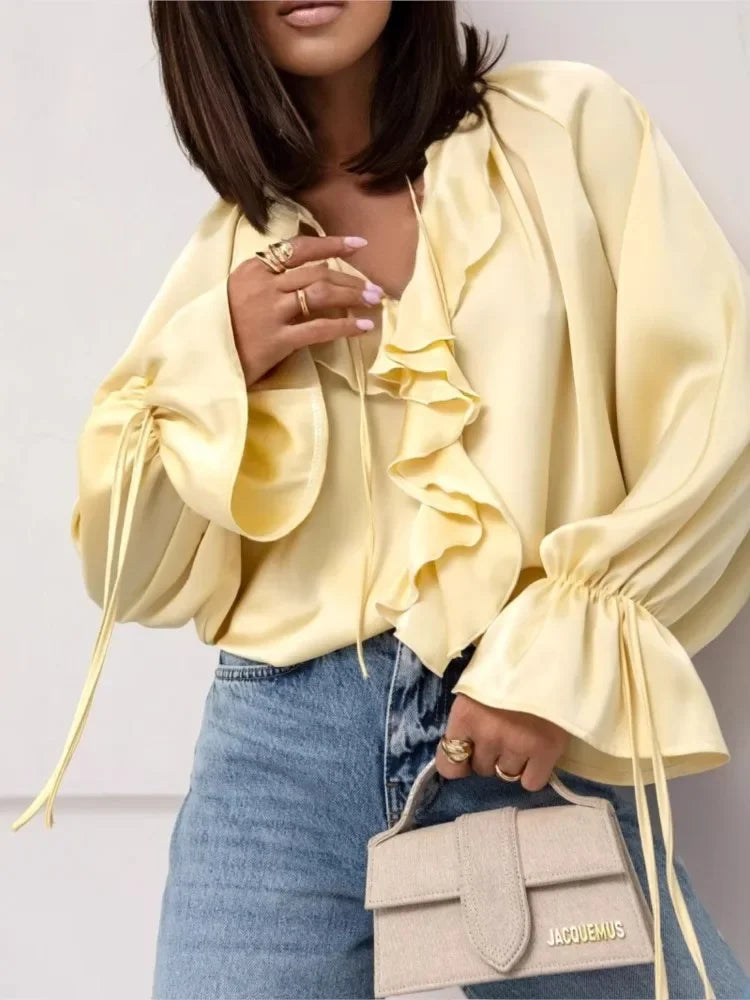 Serelina Satin Ruffle Tie Blouse