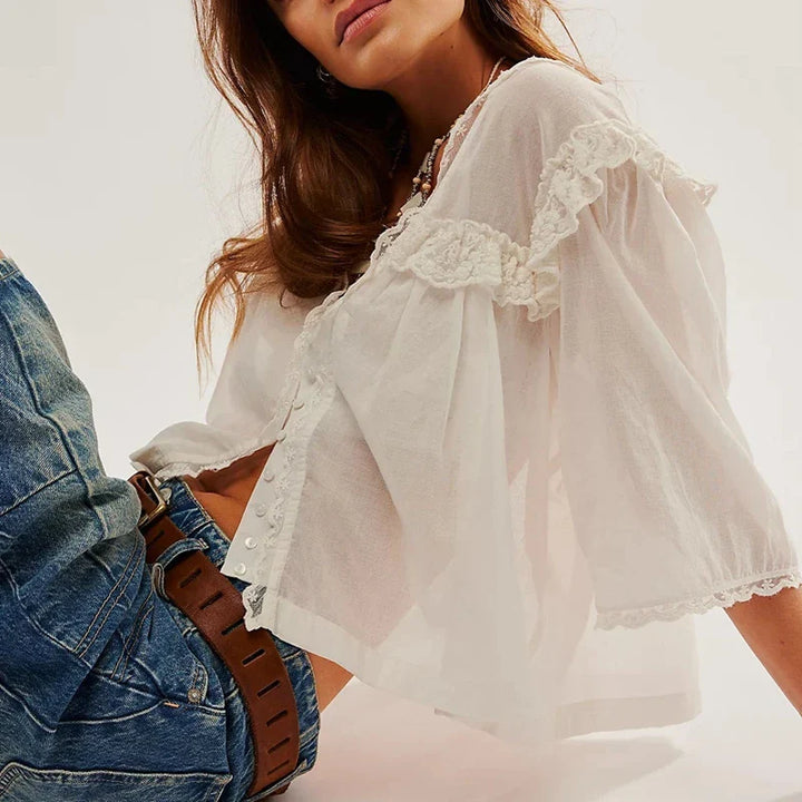 Elowira Lace Trim Ruffle Blouse