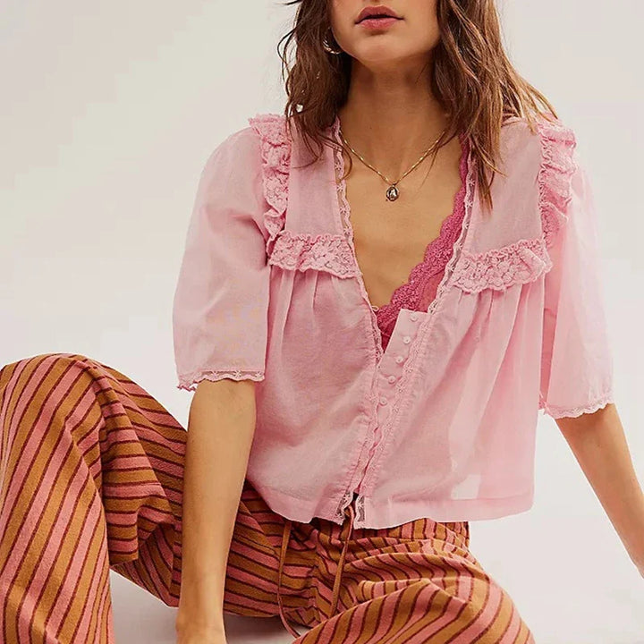 Elowira Lace Trim Ruffle Blouse