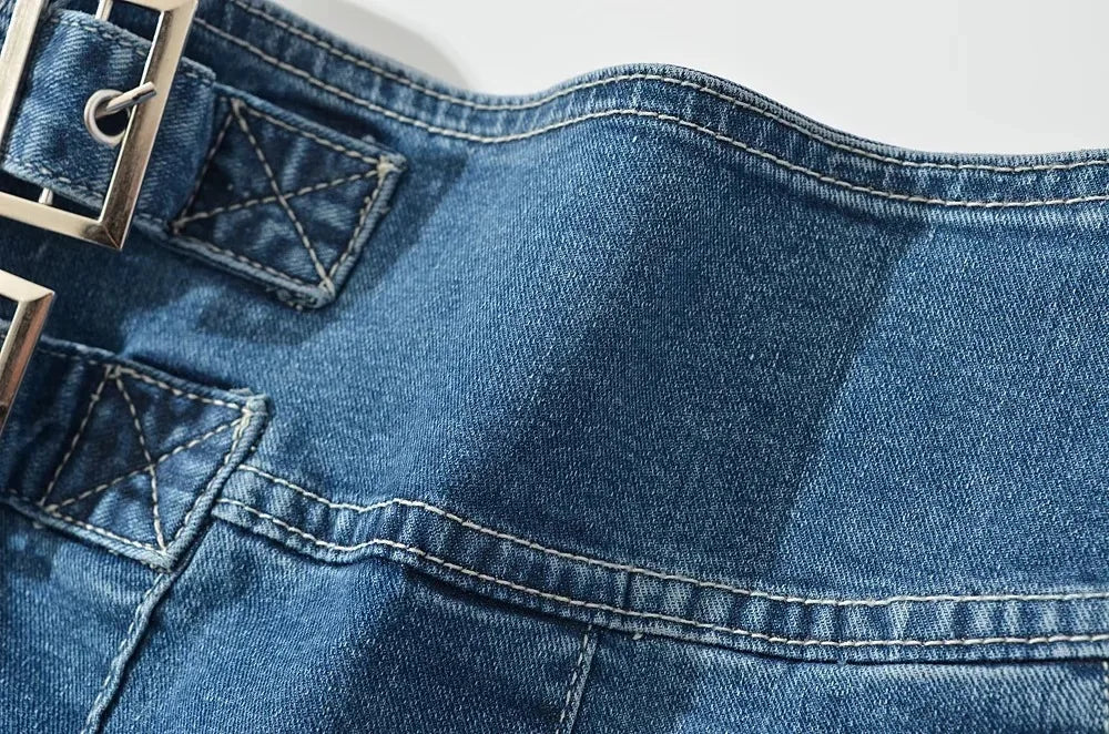 Violetta Buckle Detail Pleated Denim Mini Skirt
