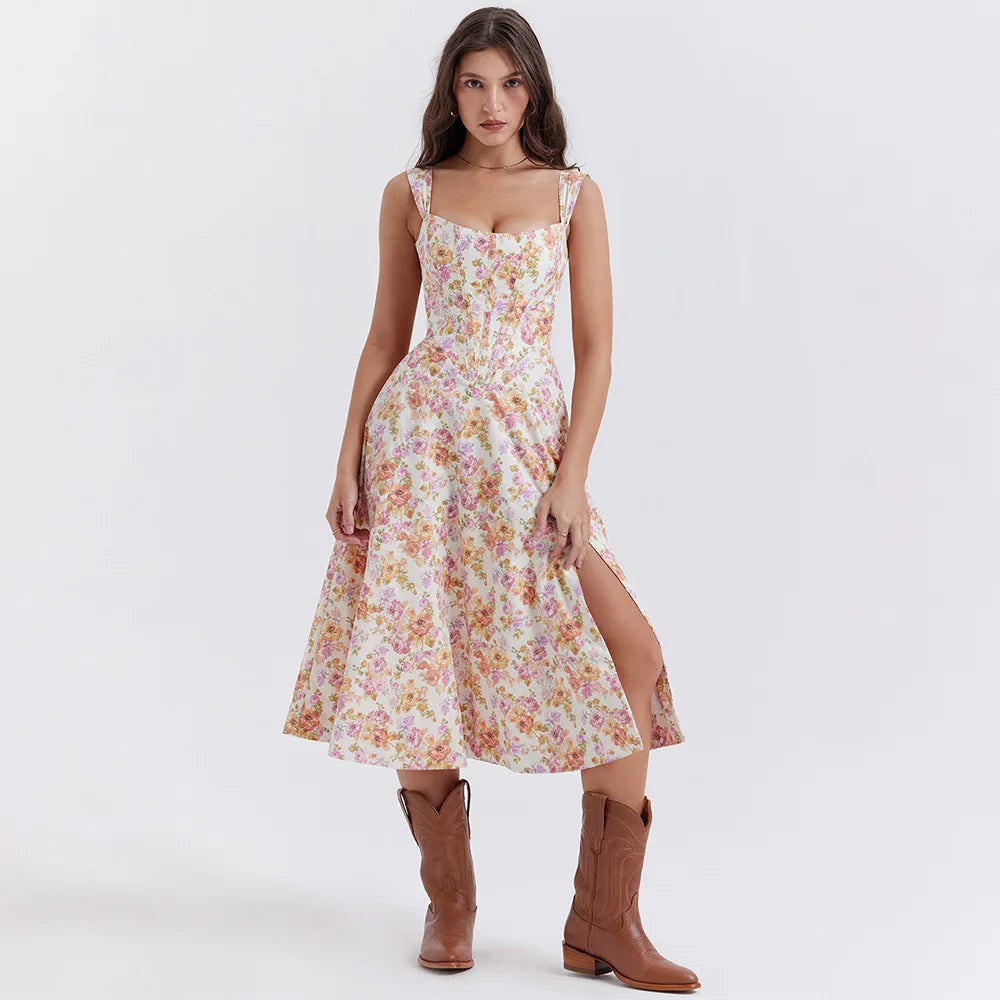 Meadow Muse Floral Corset Midi Dress