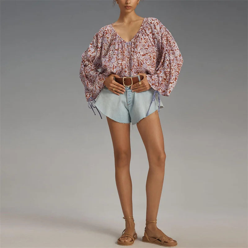 Solenne Boho Floral V Neck Blouse