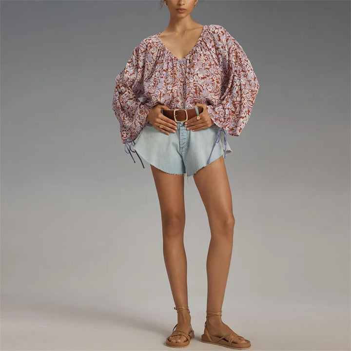 Solenne Boho Floral V Neck Blouse