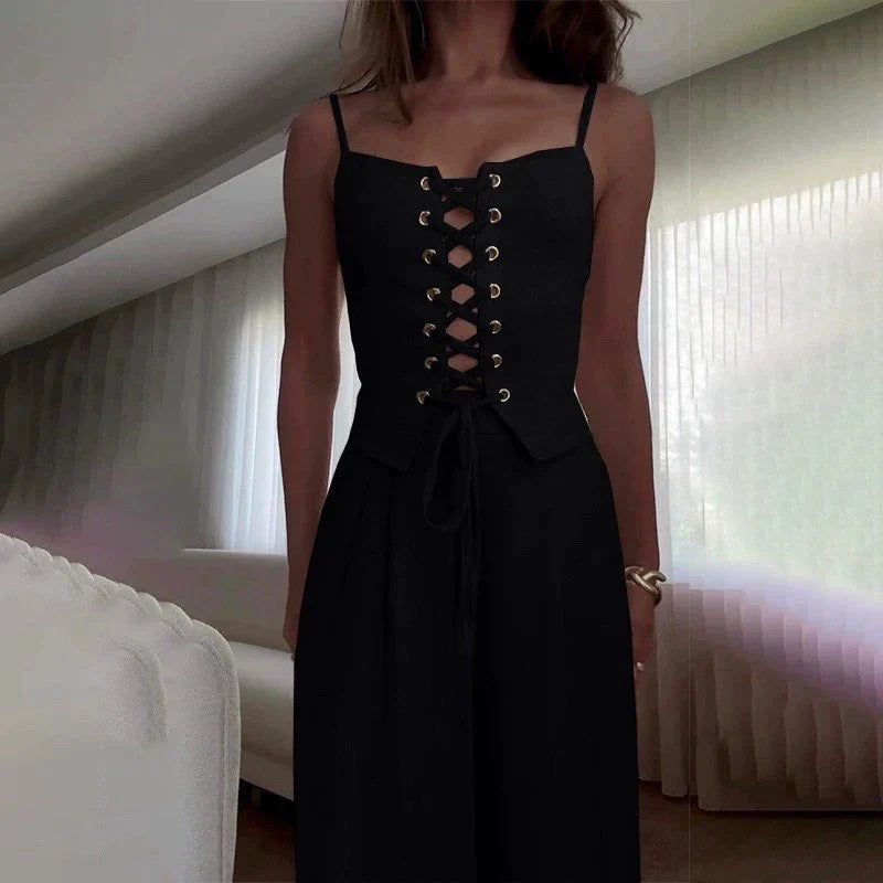 Selene Lace-Up Top Wide Leg Pants Set