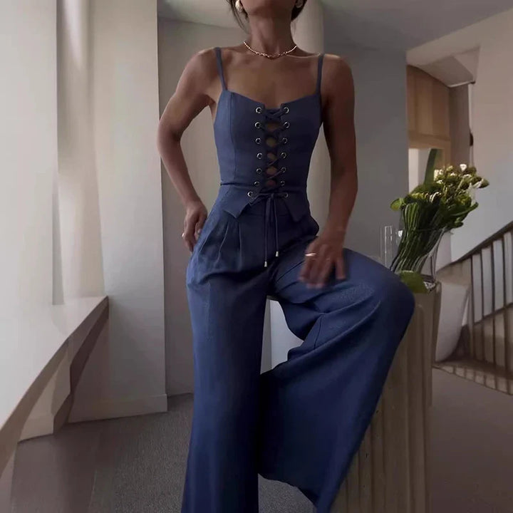 Selene Lace-Up Top Wide Leg Pants Set