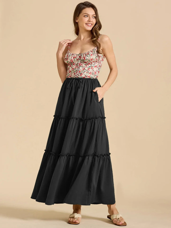 Elarie Floral Drawstring Maxi Skirt
